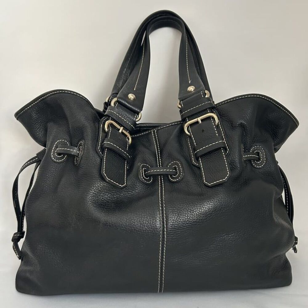 Dooney & Bourke Pebbled Leather Drawstring Tote Satchel Black Contrast Stitch - Picture 2 of 15
